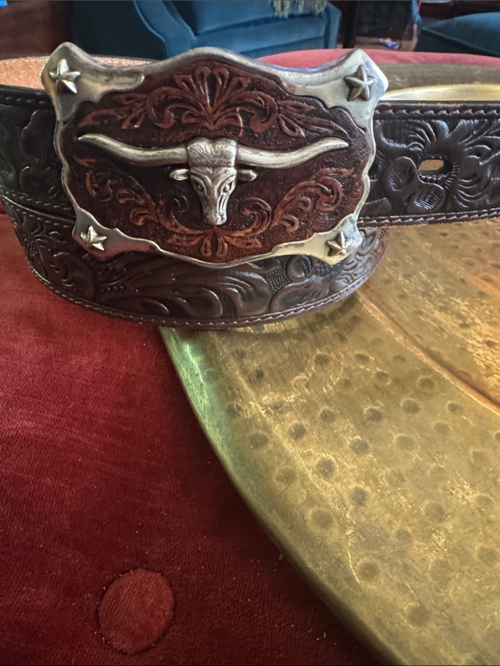 Justin Boots Dark Brown Tooled Leather Belt with Silver Longhorn Buckle